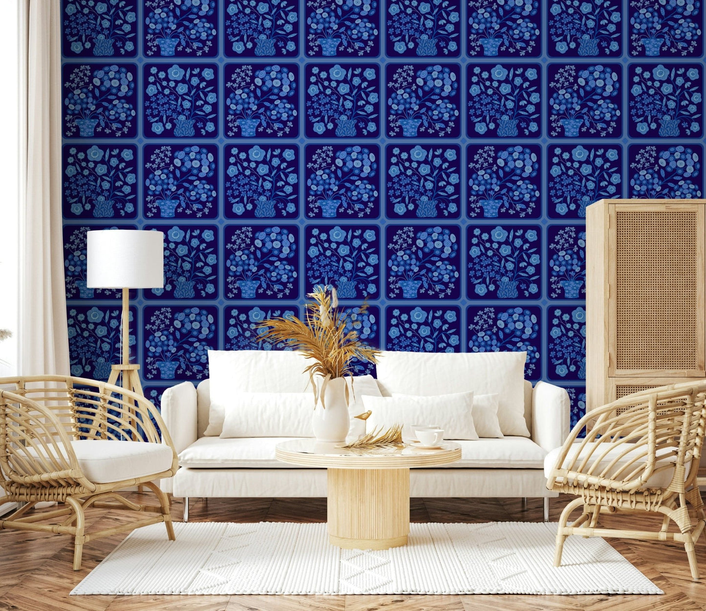 Elegant entryway showcasing dark porcelain wallpaper mural Flower Bouquet Tiles Floral, GD7646