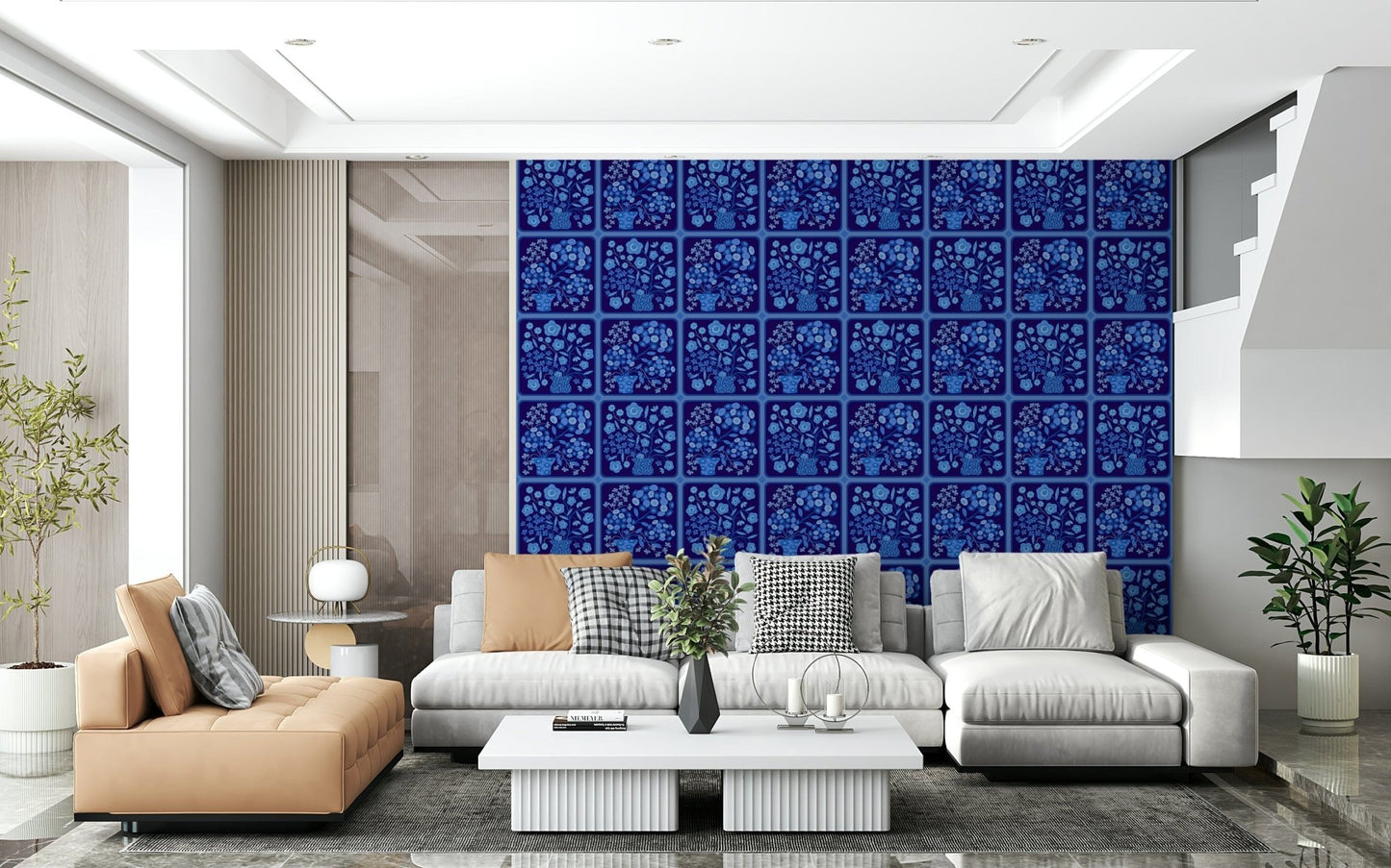 Flower Bouquet Tiles Floral Dark Delft Blue Wallpaper for a guest bathroom, GD7646