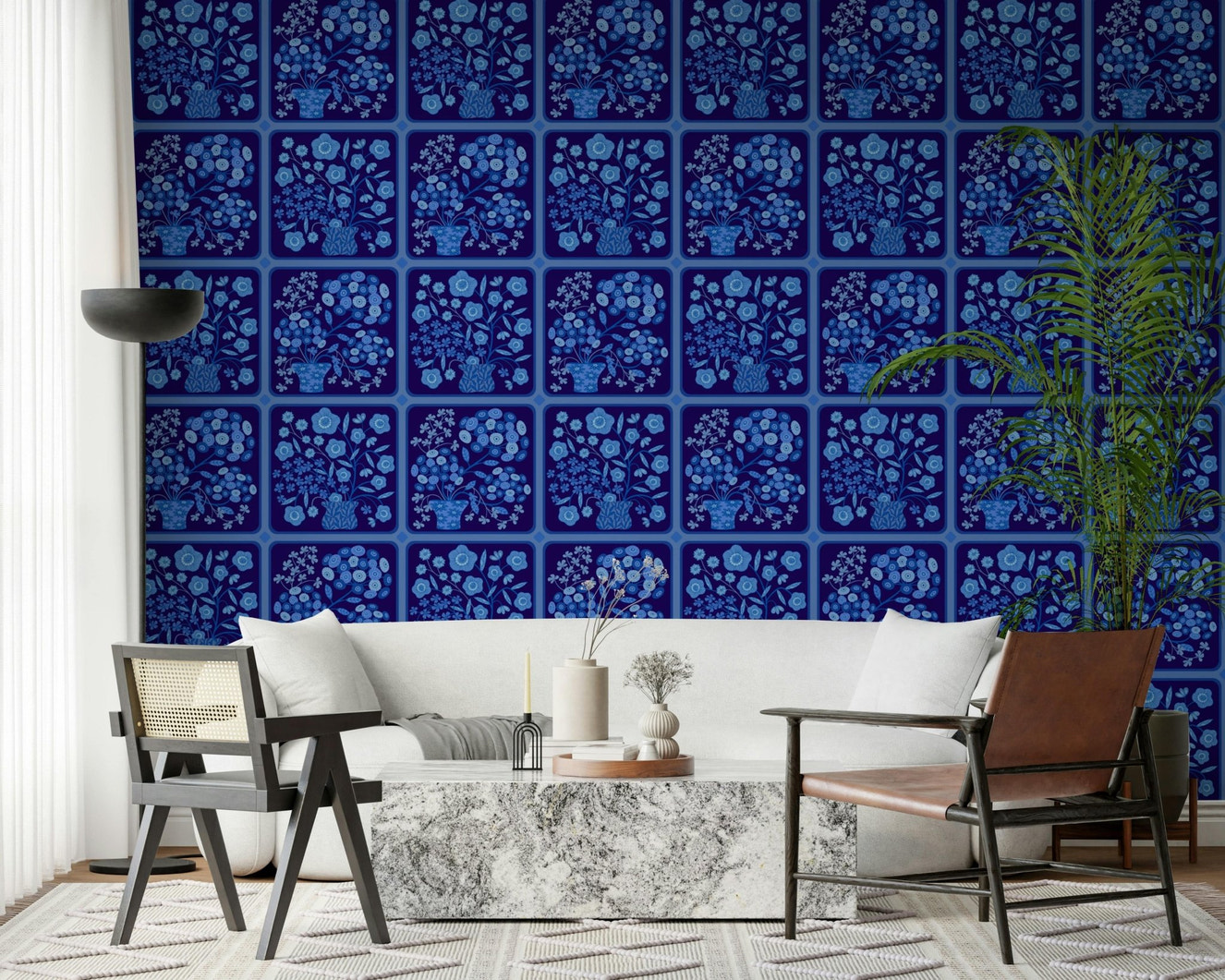 Deep navy botanical tile wallpaper mural for a flat Flower Bouquet Tiles Floral