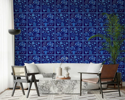 Deep navy botanical tile wallpaper mural for a flat Flower Bouquet Tiles Floral