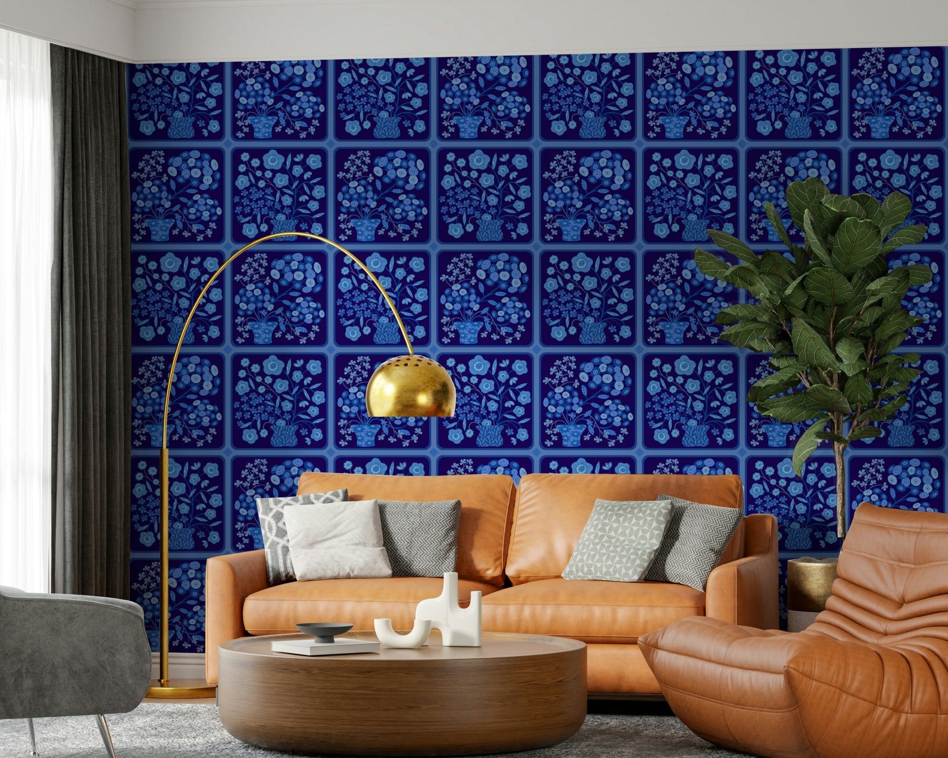 Contemporary hallway with indigo floral wallpaper mural Flower Bouquet Tiles Floral, GD7646