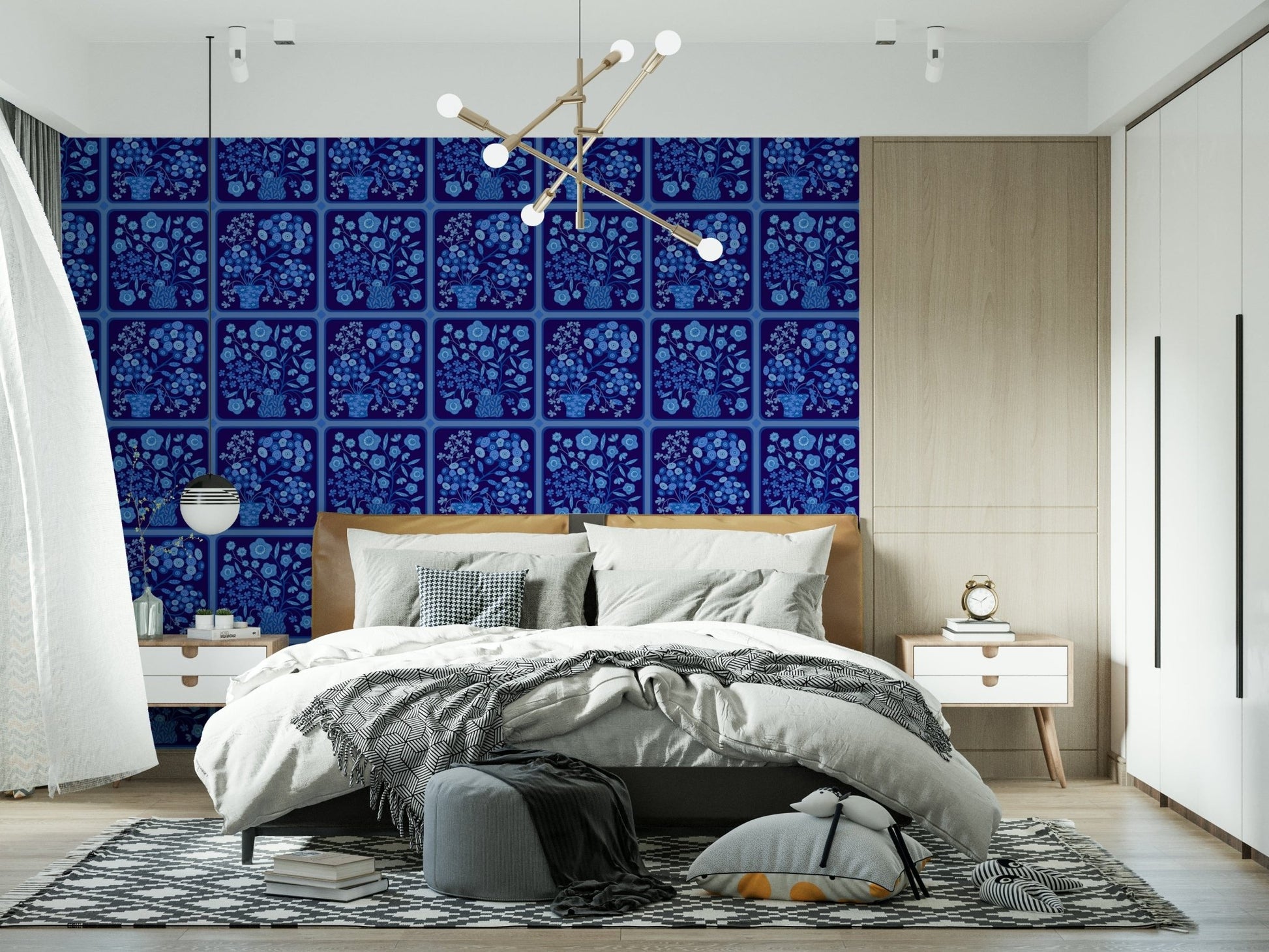 Flower Bouquet Tiles Floral Dark Delft Blue Wallpaper for a bold feature wall, GD7646