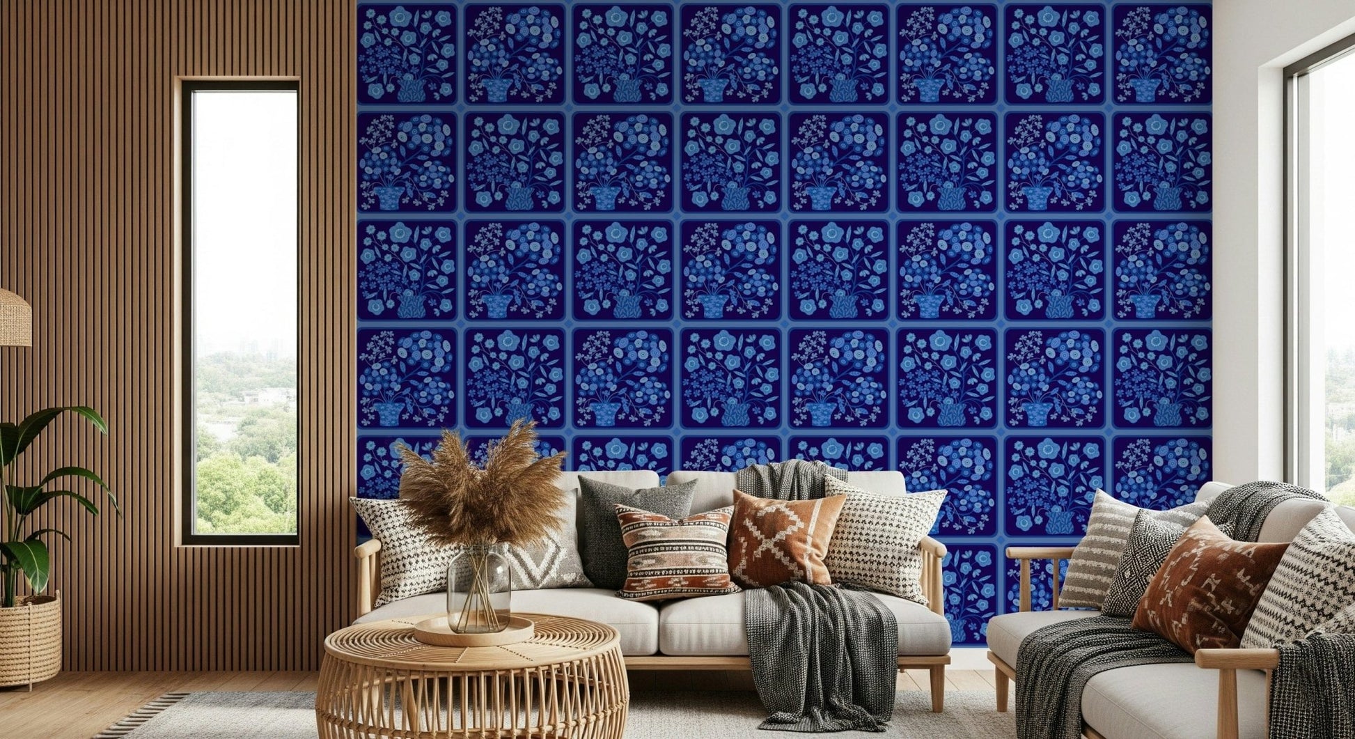 Modern kitchen featuring dark navy tile wallpaper mural Flower Bouquet Tiles Floral, GD7646