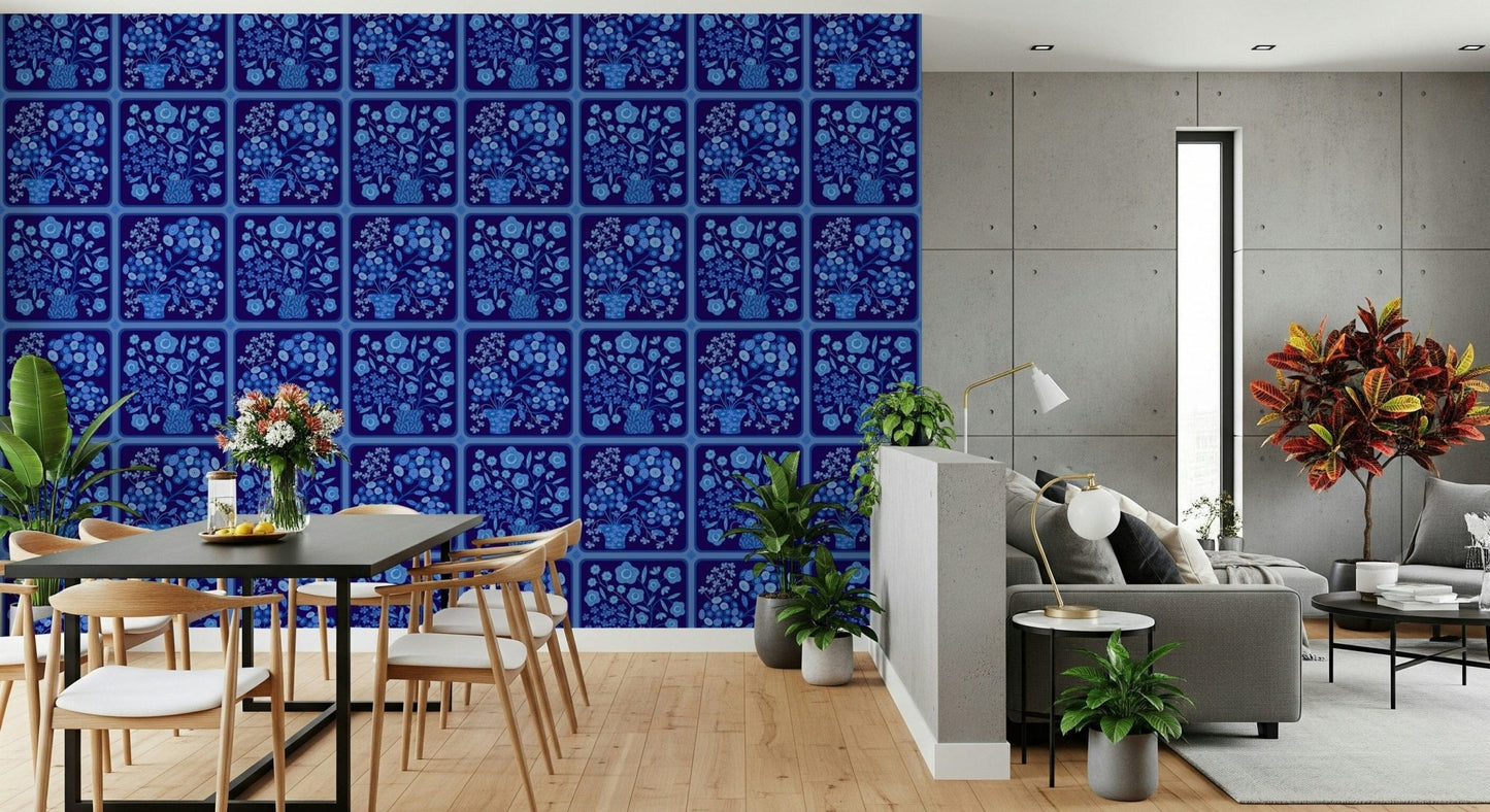 Flower Bouquet Tiles Floral Dark Delft Blue Wallpaper for a library wall, GD7646