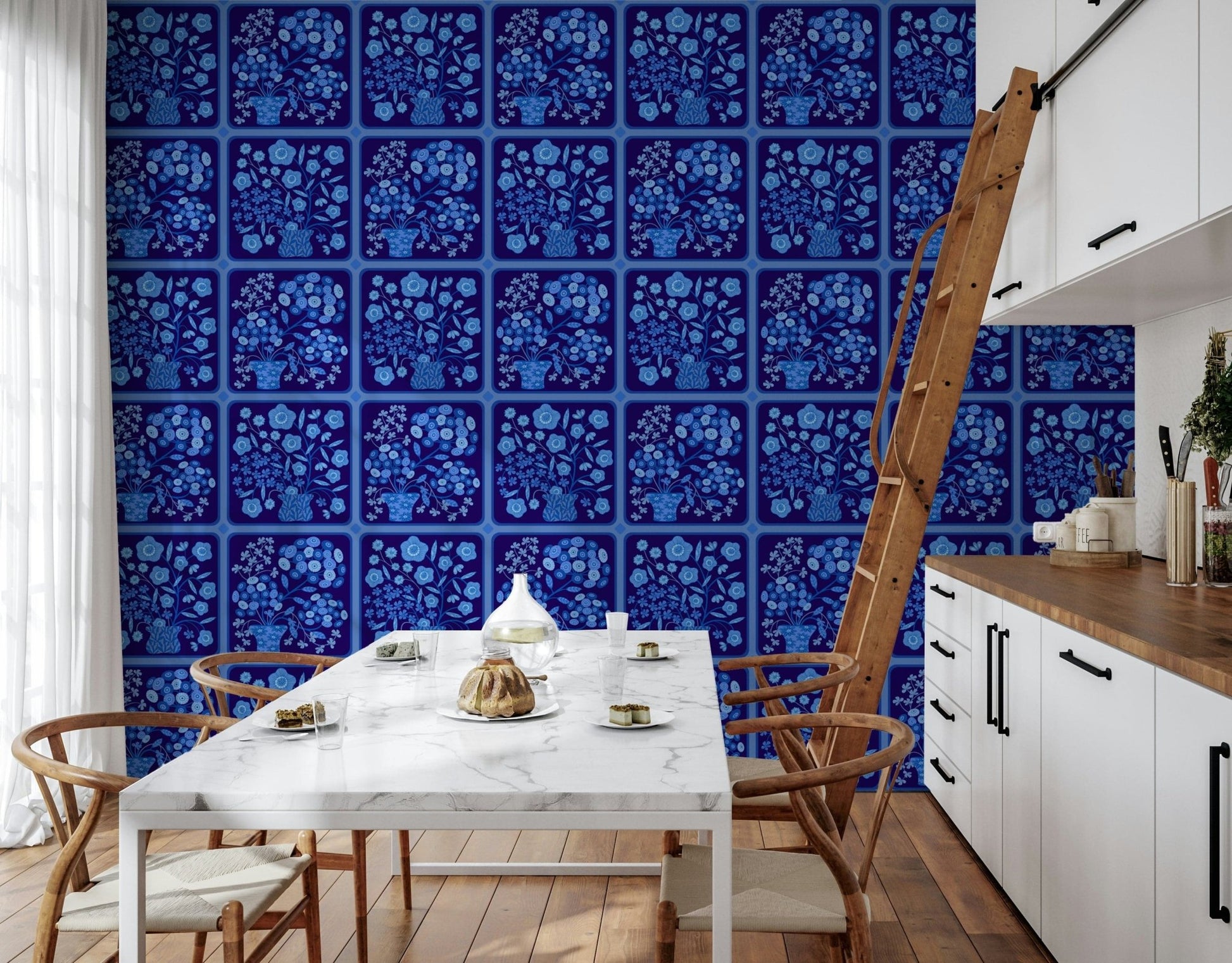 Flower Bouquet Tiles Floral Dark Delft Blue Wallpaper in a moody dining room, GD7646