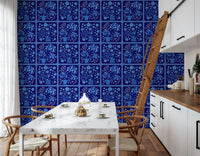 Flower Bouquet Tiles Floral Dark Delft Blue Wallpaper in a moody dining room, GD7646