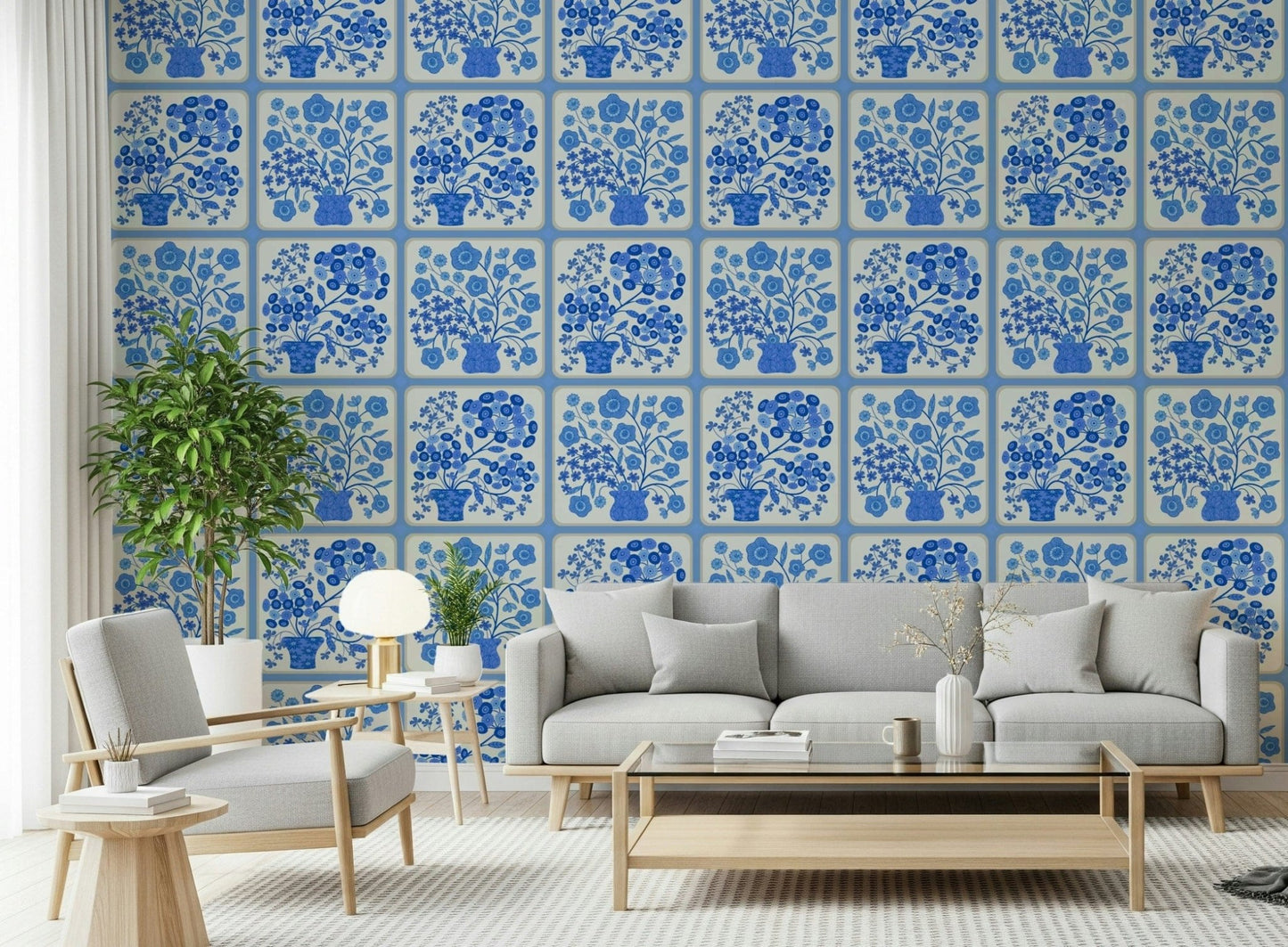 Traditional ceramic style wallpaper mural for a feature wall Flower Bouquet Tiles Floral, GD7647