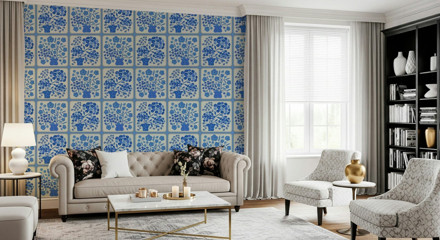 Blue botanical tile wallpaper mural for a pantry Flower Bouquet Tiles Floral, GD7647