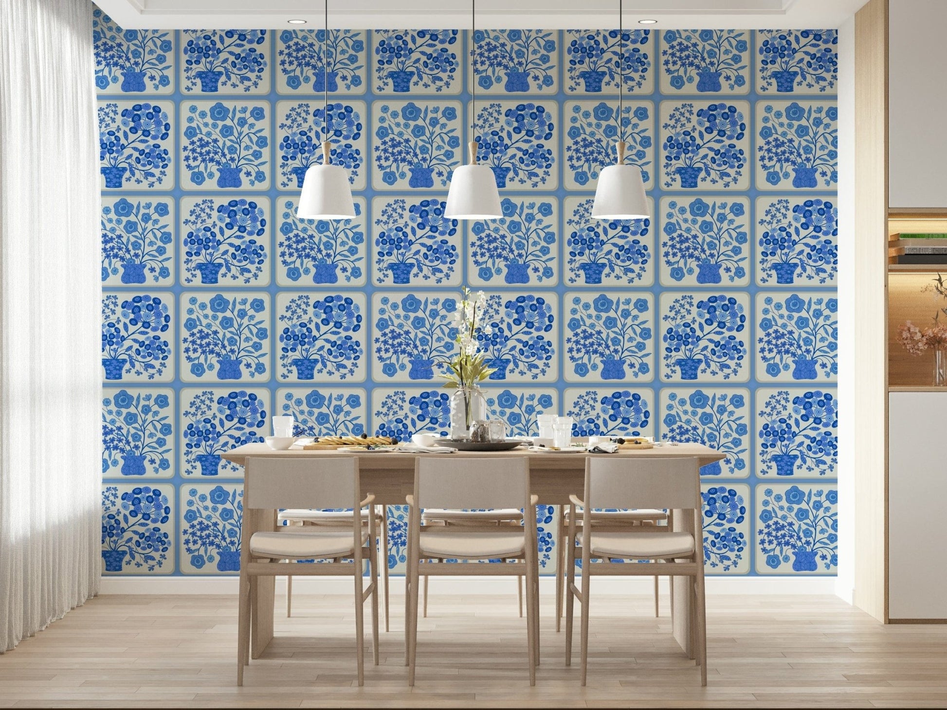 Elegant entryway showcasing porcelain pattern wallpaper mural Flower Bouquet Tiles Floral, GD7647