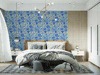 Flower Bouquet Tiles Floral Light Delft Blue and White Wallpaper for an office, GD7647