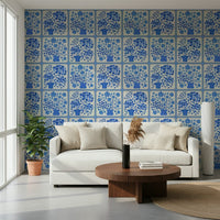 Flower Bouquet Tiles Floral Light Delft Blue and White Wallpaper in a classic kitchen, GD7647