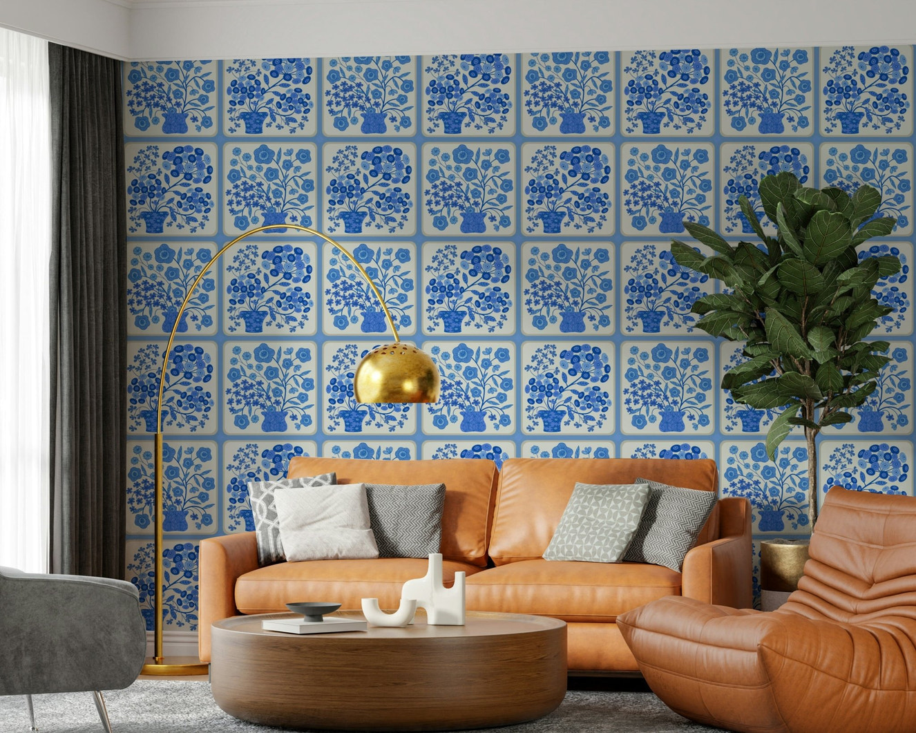 Minimalist bathroom featuring blue tile wallpaper mural Flower Bouquet Tiles Floral