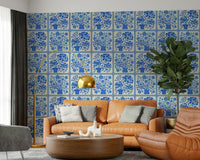 Minimalist bathroom featuring blue tile wallpaper mural Flower Bouquet Tiles Floral, GD7647
