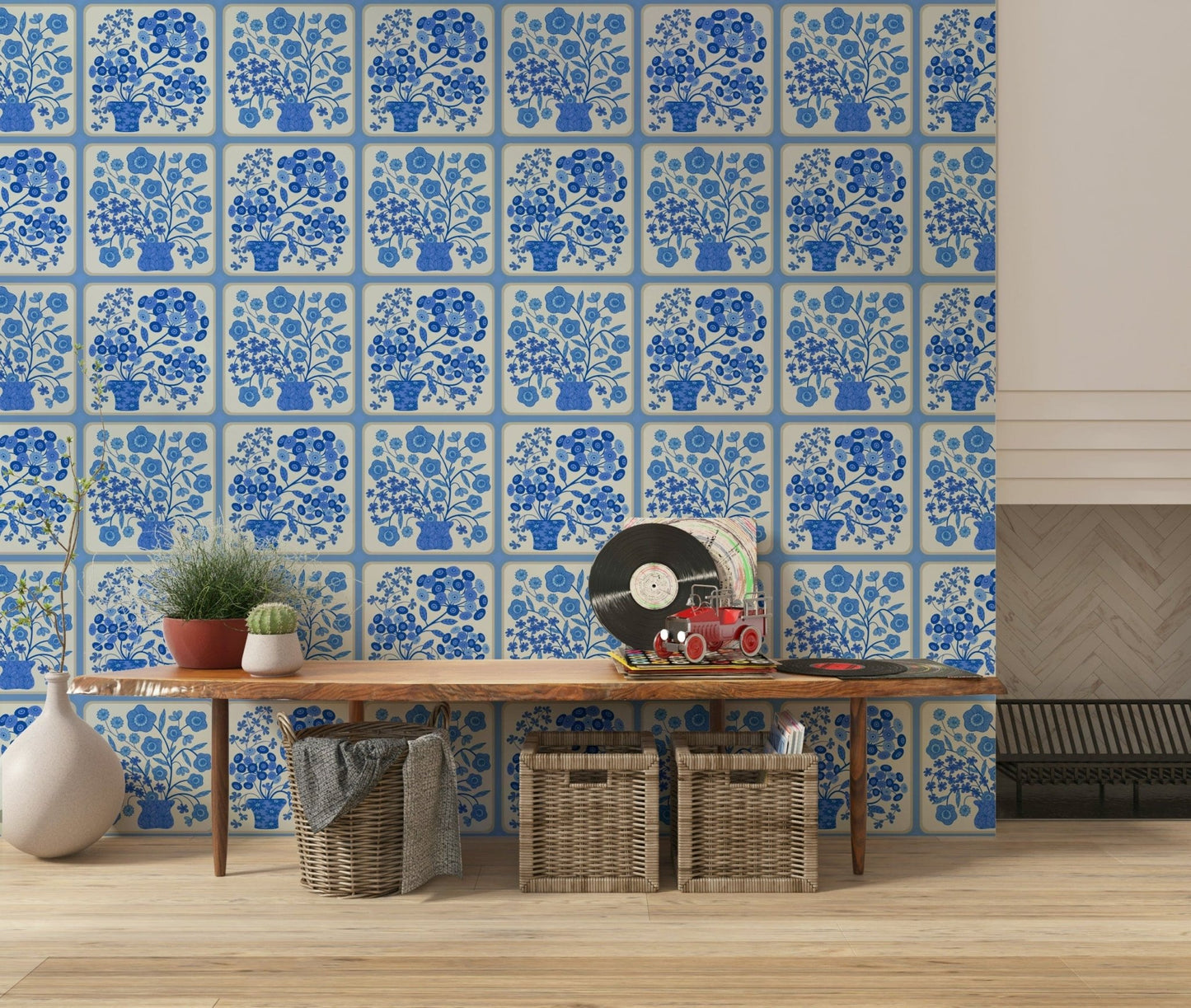 Vintage blue and white wallpaper mural for a guest suite Flower Bouquet Tiles Floral, GD7647