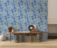 Vintage blue and white wallpaper mural for a guest suite Flower Bouquet Tiles Floral, GD7647