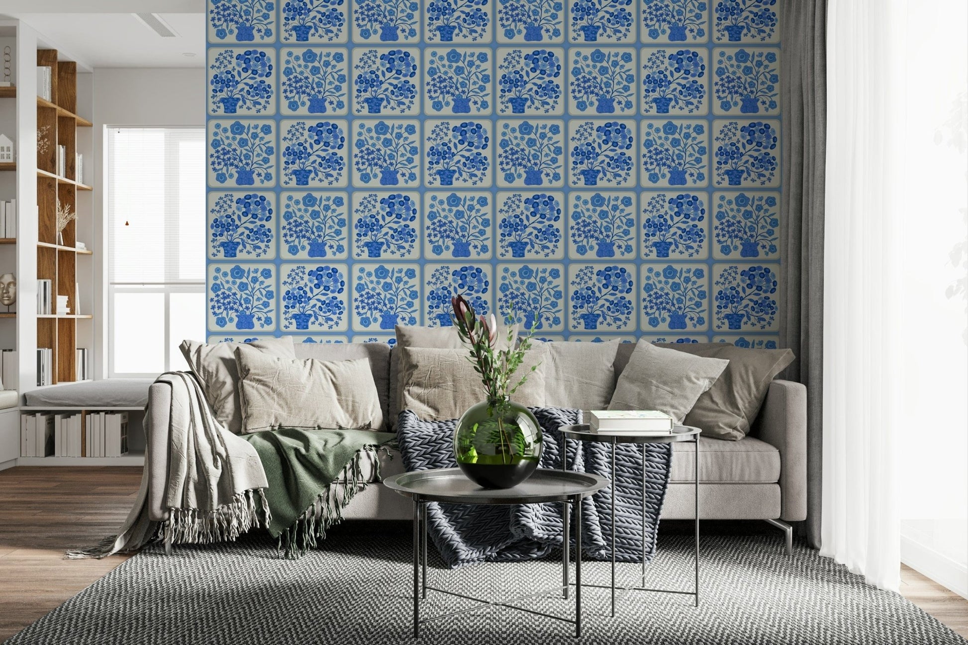 Flower Bouquet Tiles Floral Light Delft Blue and White Wallpaper for a bedroom, GD7647