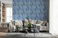 Flower Bouquet Tiles Floral Light Delft Blue and White Wallpaper for a bedroom, GD7647