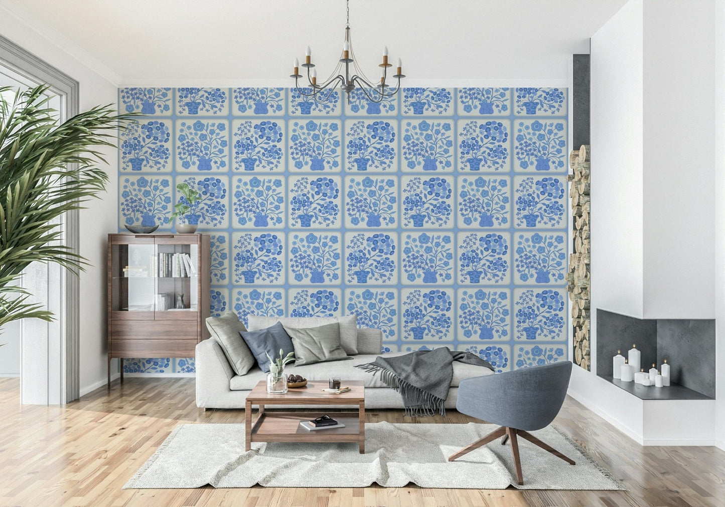 Flower Bouquet Tiles Floral Light Delft Blue and White Wallpaper for a dining room, GD7647