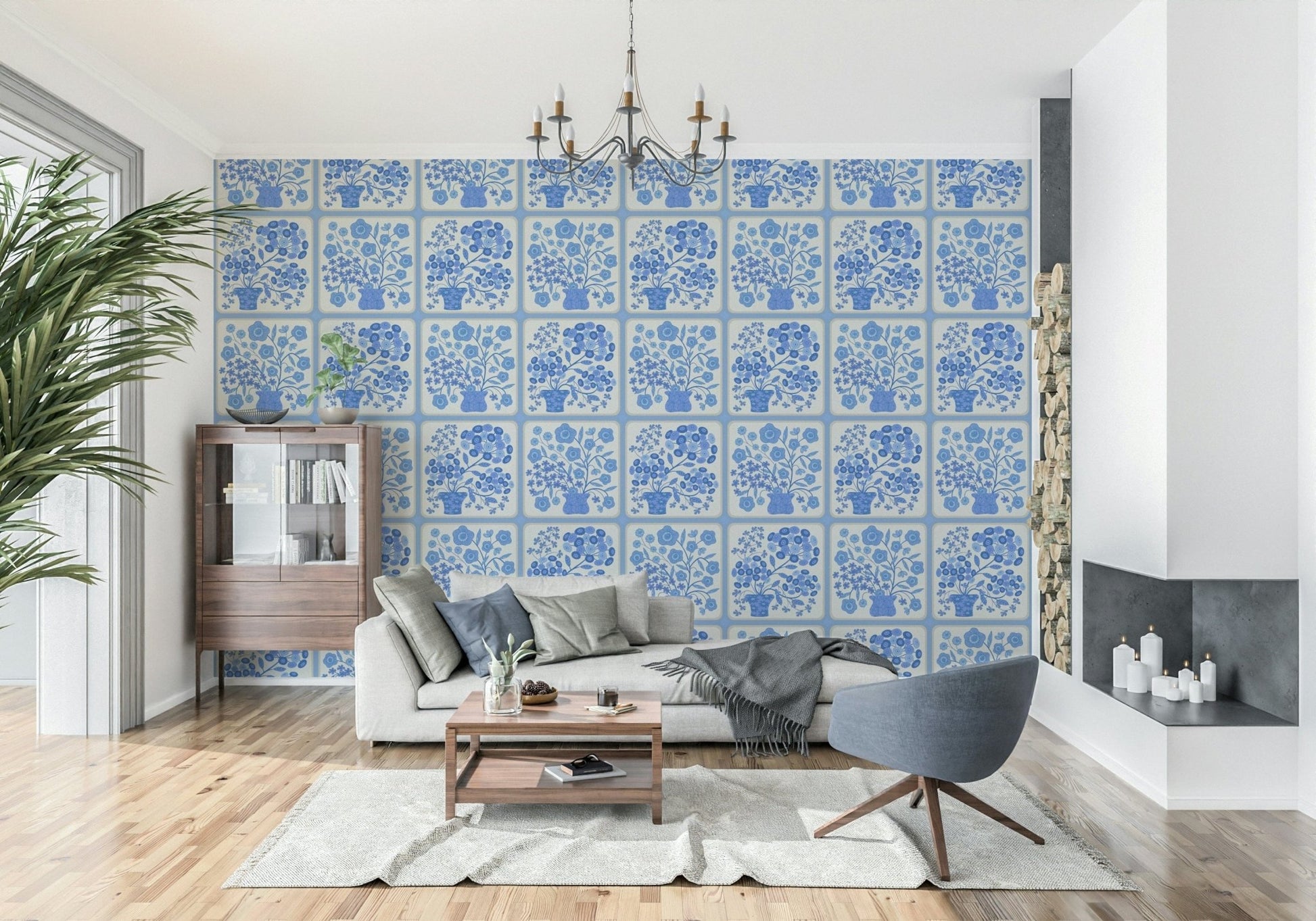 Flower Bouquet Tiles Floral Light Delft Blue and White Wallpaper for a dining room, GD7647
