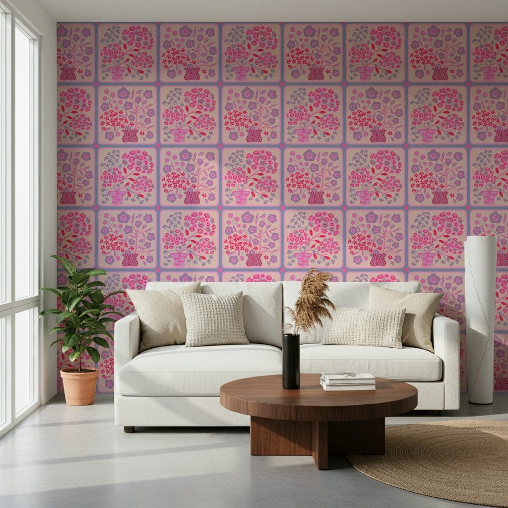 Pink and red flower tiles floral wallpaper mural for a master bedroom wall, GD7659