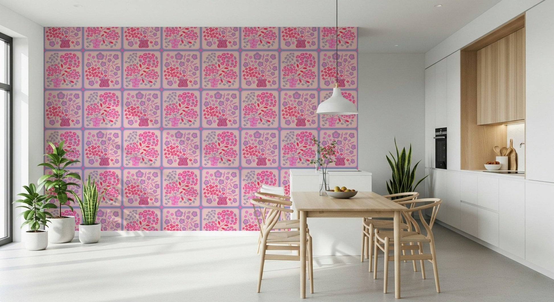 Pretty pink fuchsia tiles floral wallpaper mural in a contemporary hallway