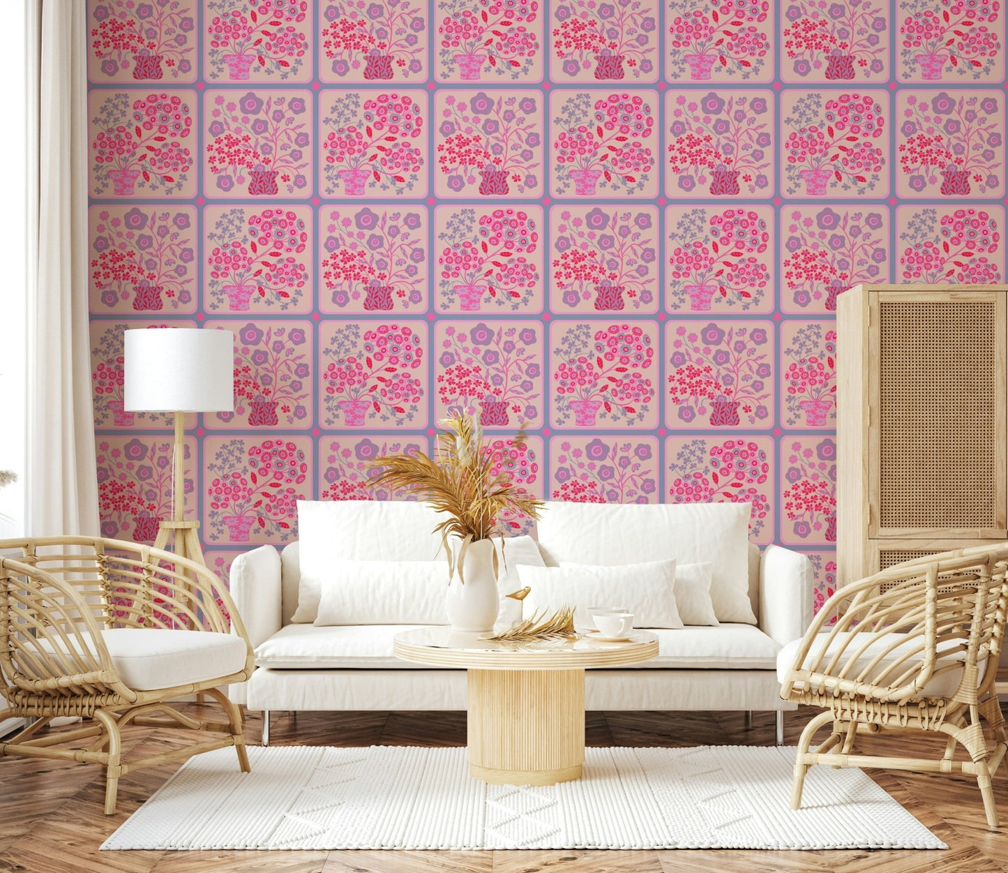 Lavender purple floral pattern wallpaper mural for a modern home office