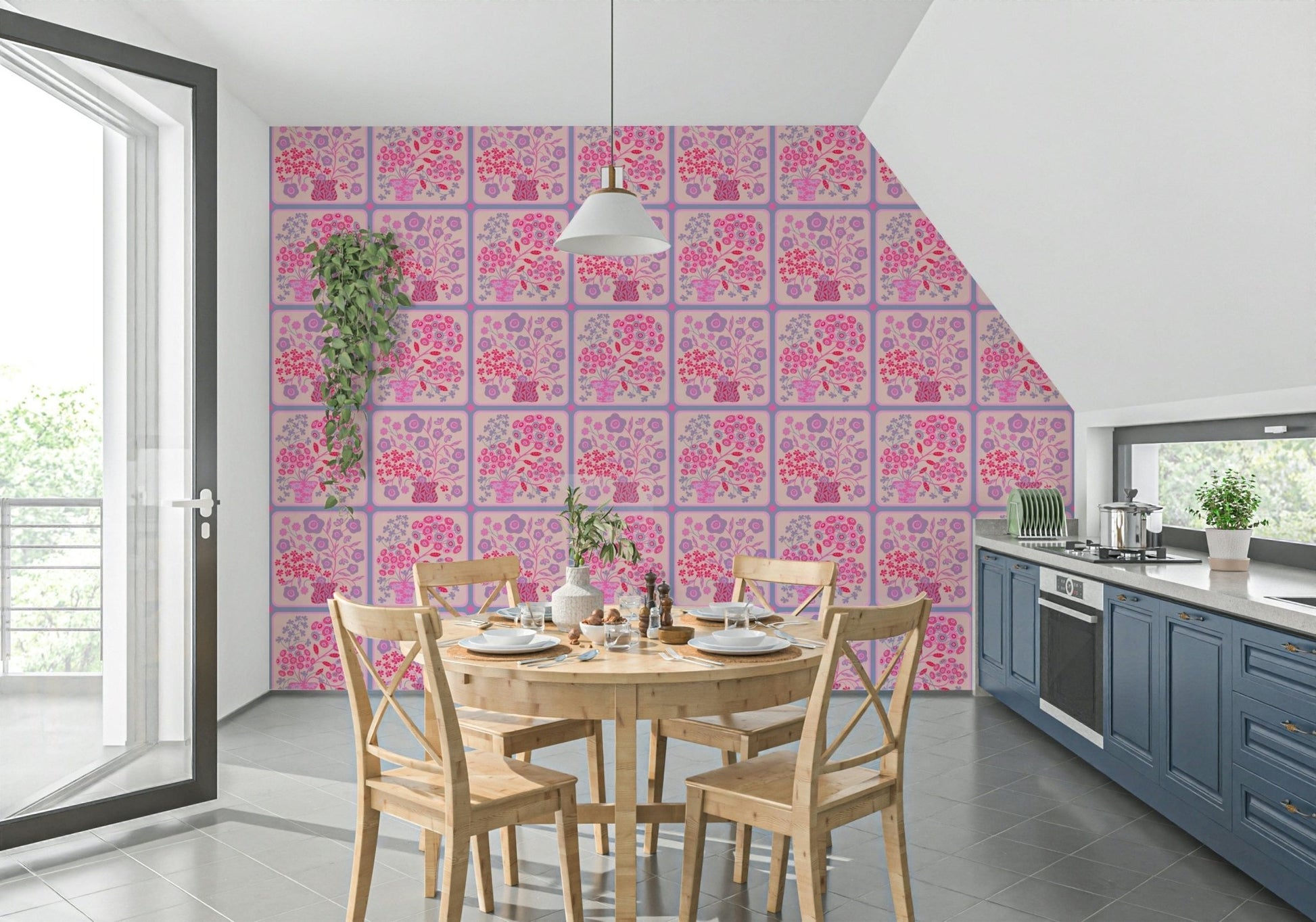 Fuchsia lavender flower tiles wallpaper mural in a boutique retail space