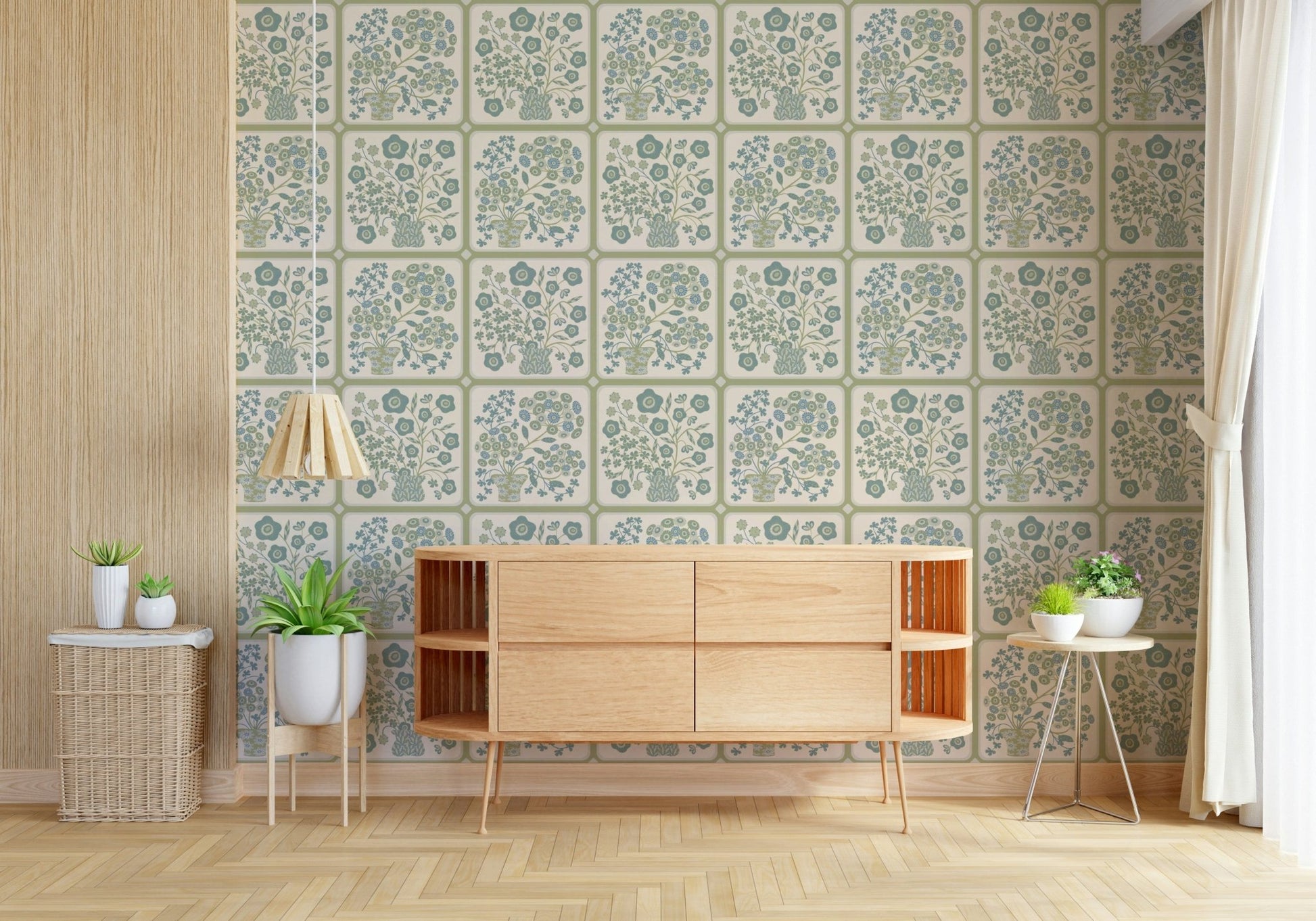 Traditional floral tile wallpaper mural in a modern living space
