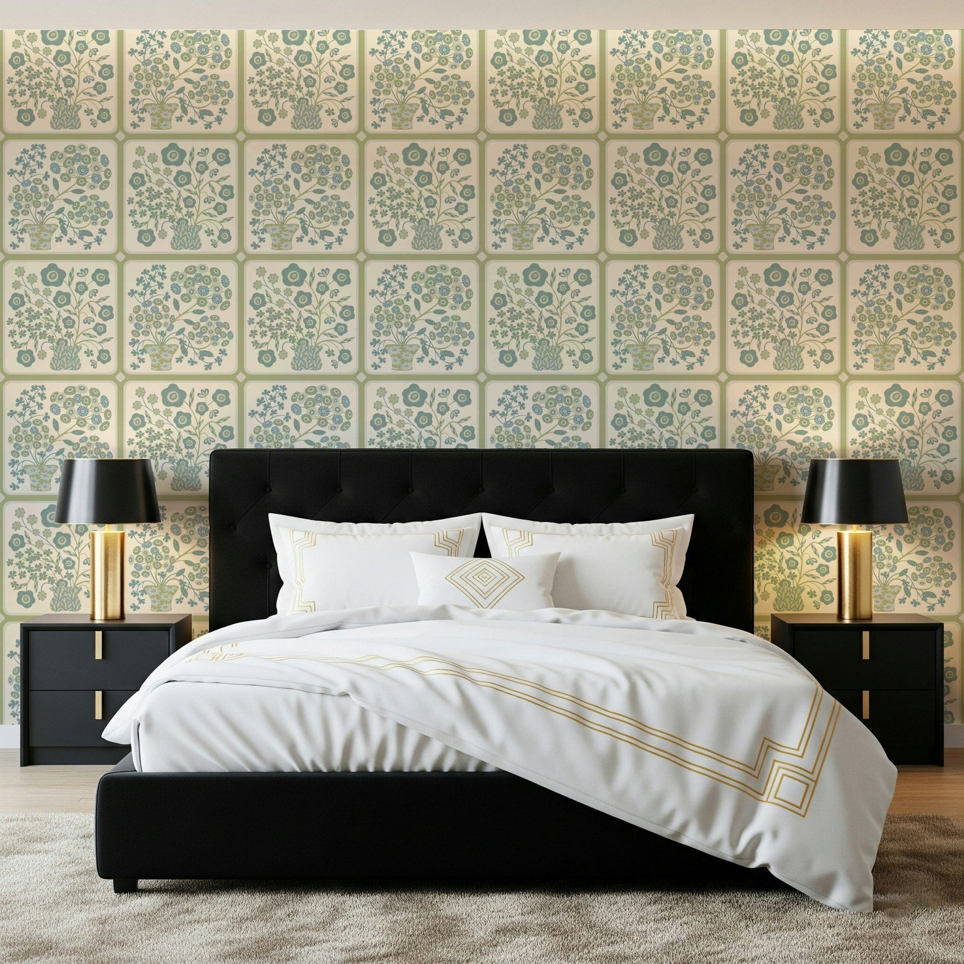 Botanical bouquet tiles wallpaper mural for a classic dining room