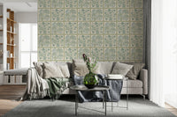 Flower Bouquet Tiles Floral Sage Green Blue Wallpaper used in a hallway