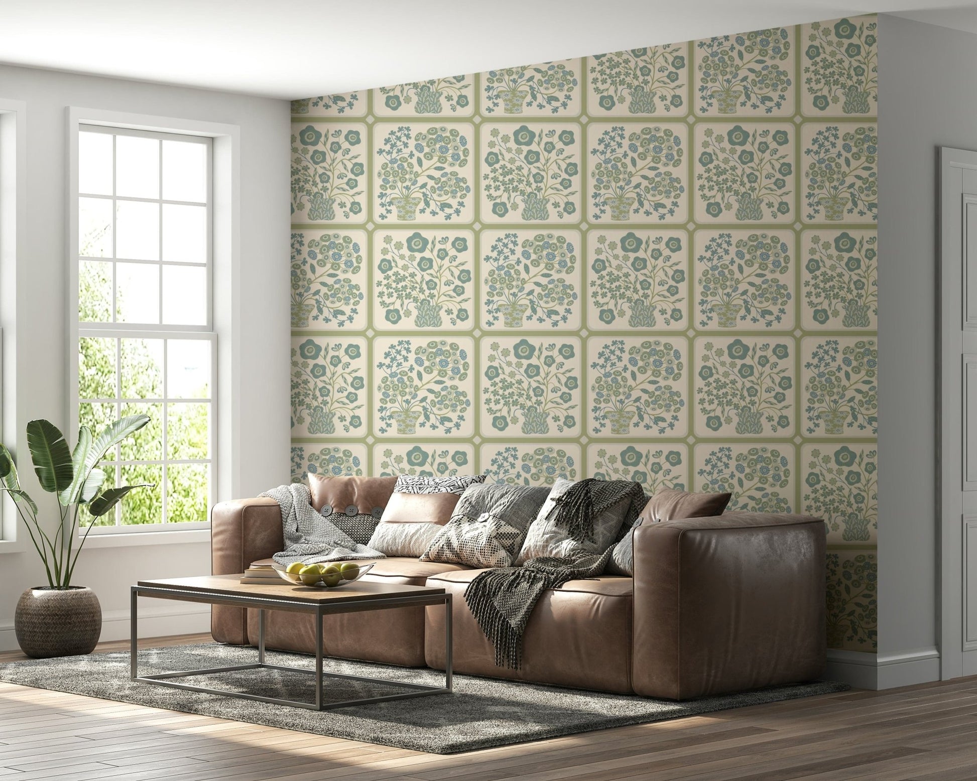 Vintage style floral tile wallpaper mural for a bedroom feature wall