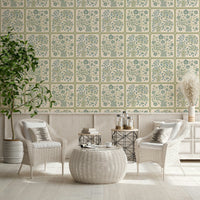 Sage green and blue floral tile wallpaper mural for a bathroom wall