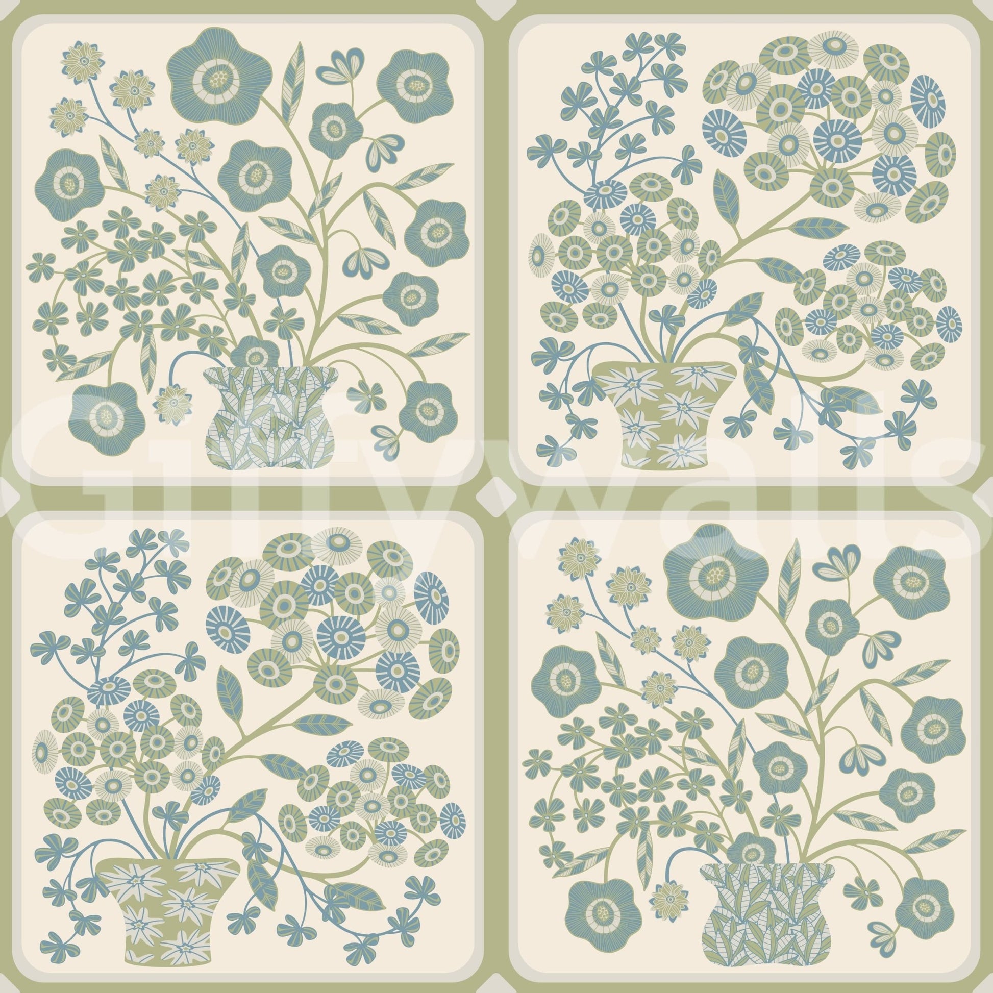 Decorative floral tile wallpaper mural with sage accents for a studio