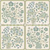 Decorative floral tile wallpaper mural with sage accents for a studio