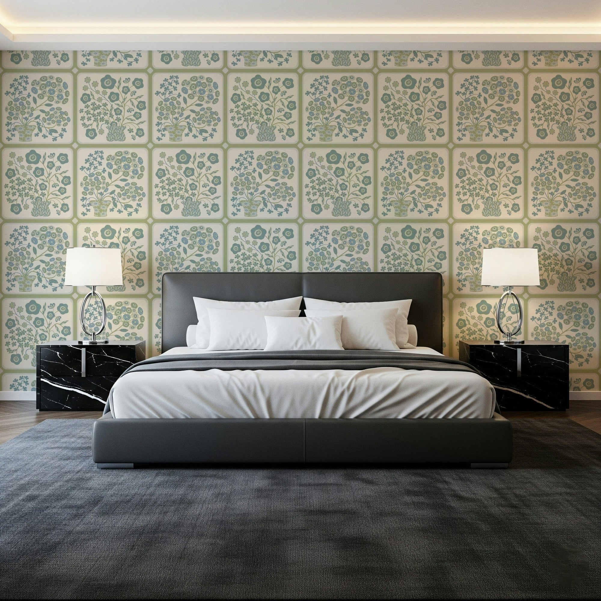 Flower Bouquet Tiles Floral Sage Green Blue Wallpaper for a mudroom wall, GD7660