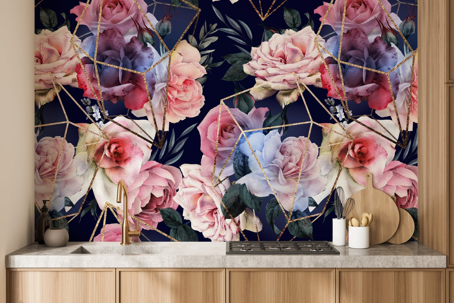 Abstract Gold Line Flower Wallpaper B215