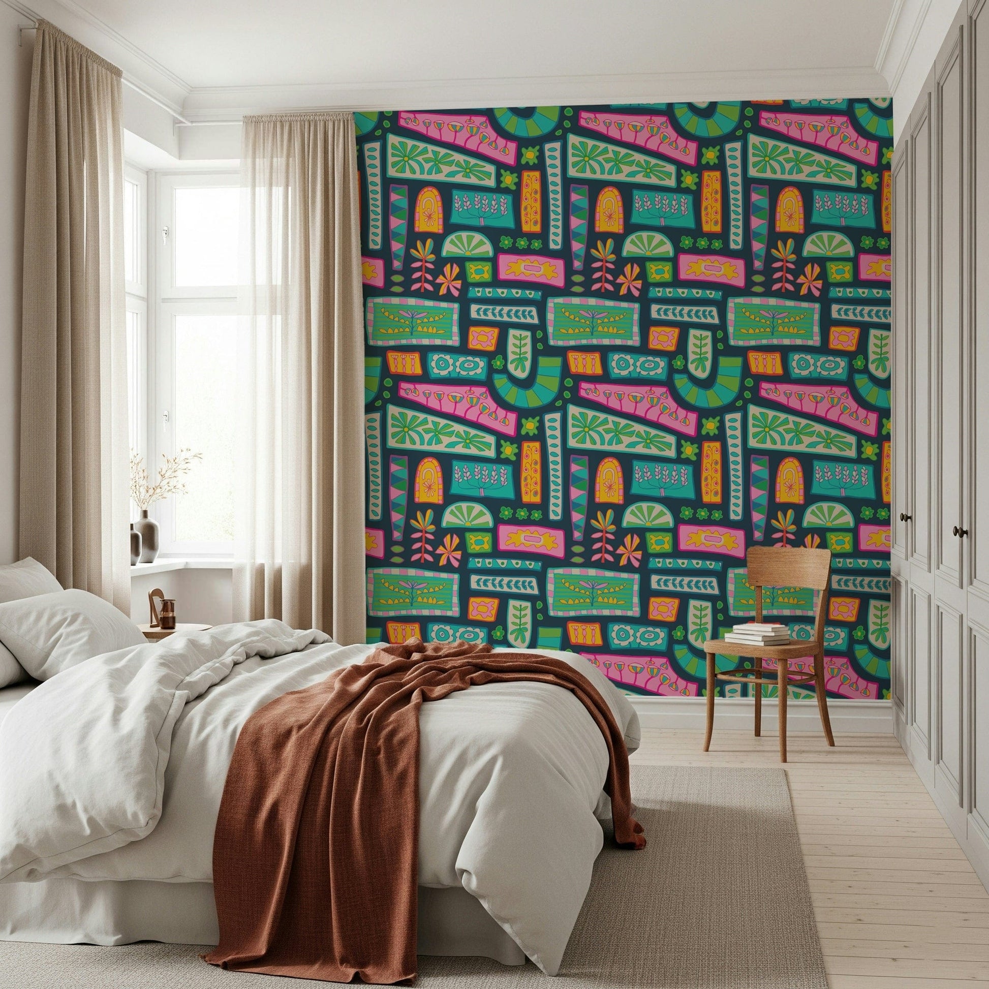 Bohemian Mod Patchwork wallcovering joyful, lively, artistic geometric pattern.