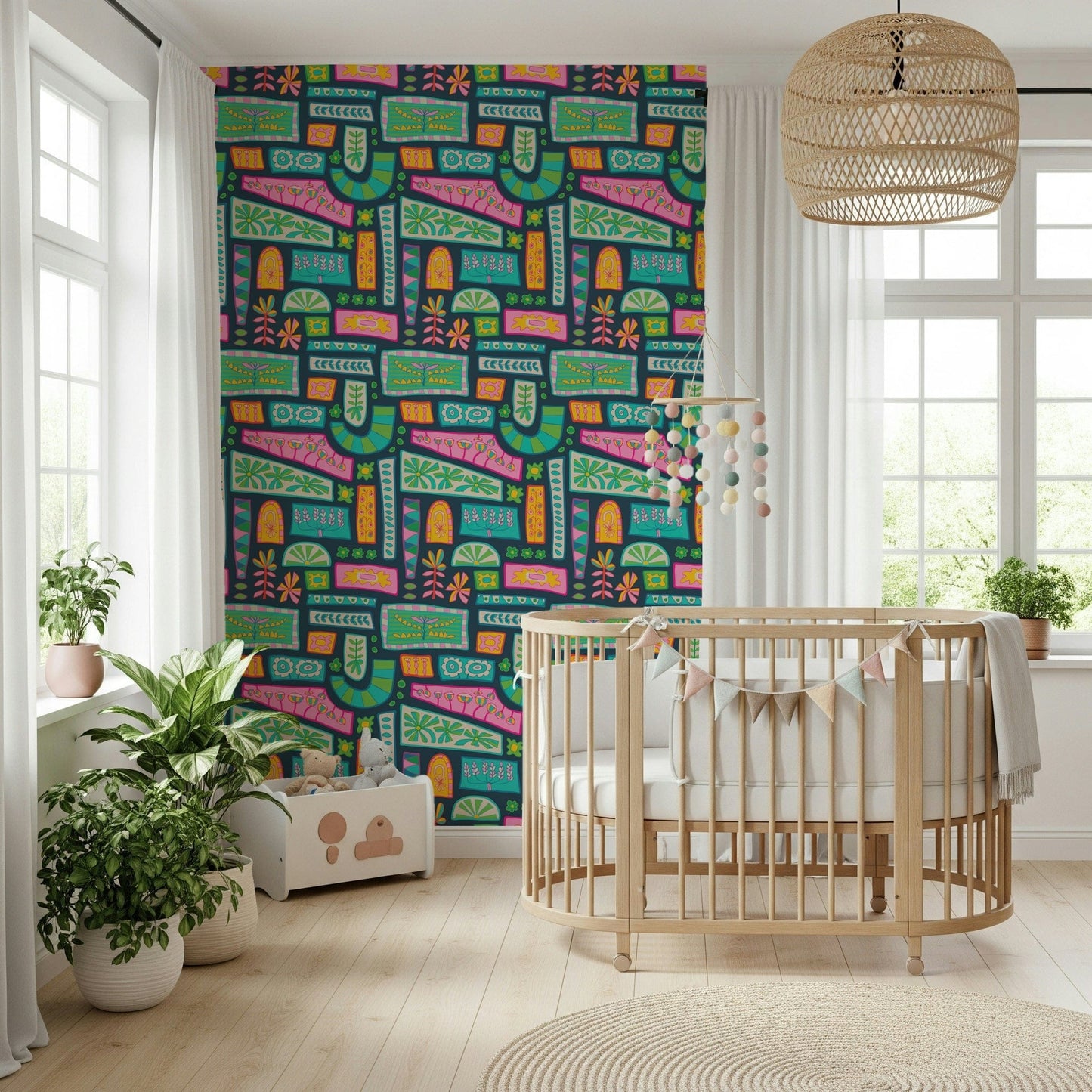 Mod Patchwork Rainbow Brights wallcovering cheerful, groovy art, abstract flowers.