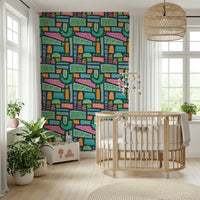 Mod Patchwork Rainbow Brights wallcovering cheerful, groovy art, abstract flowers.