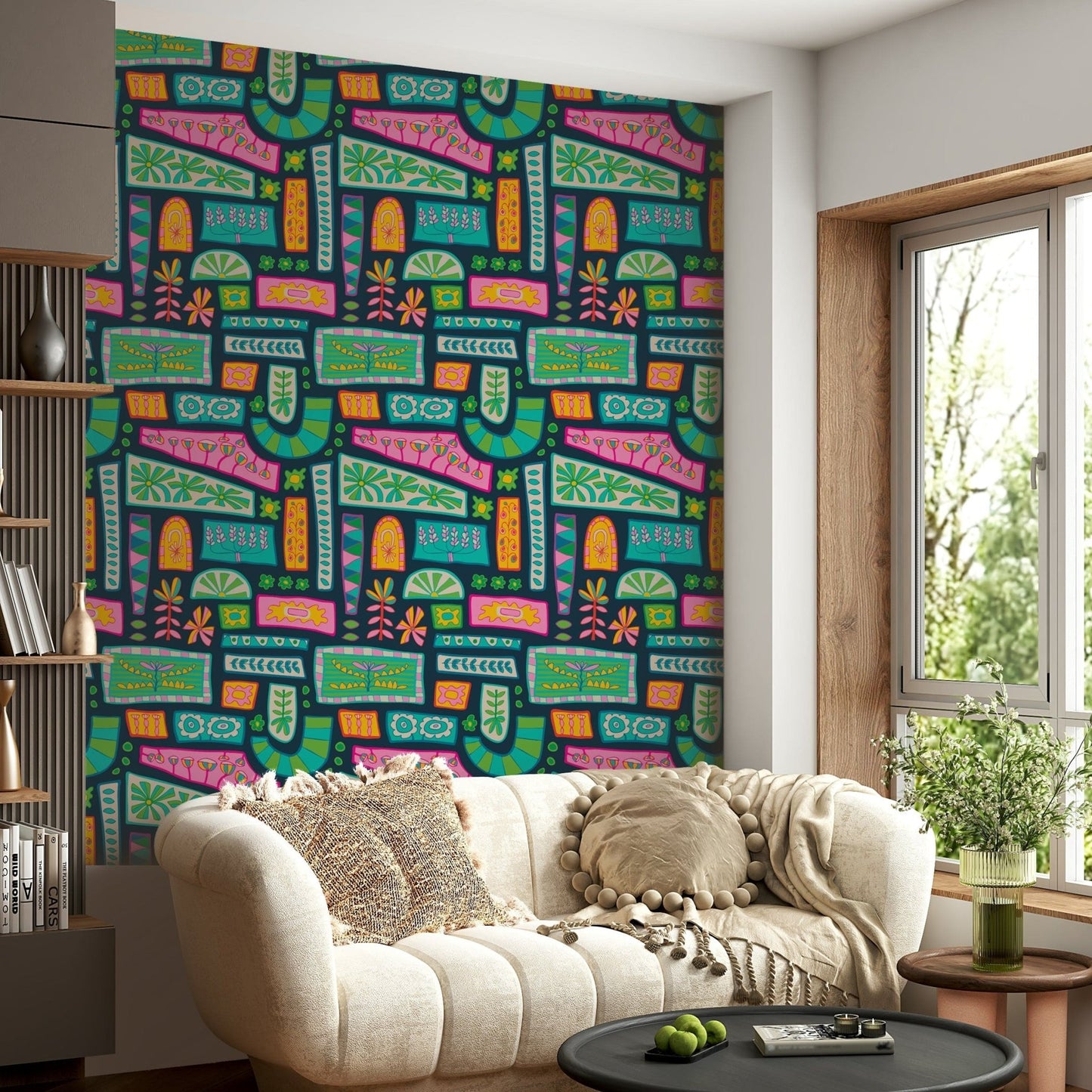 Vivid Flower Patches Bohemian Mod Patchwork quirky wall mural, floral elements.