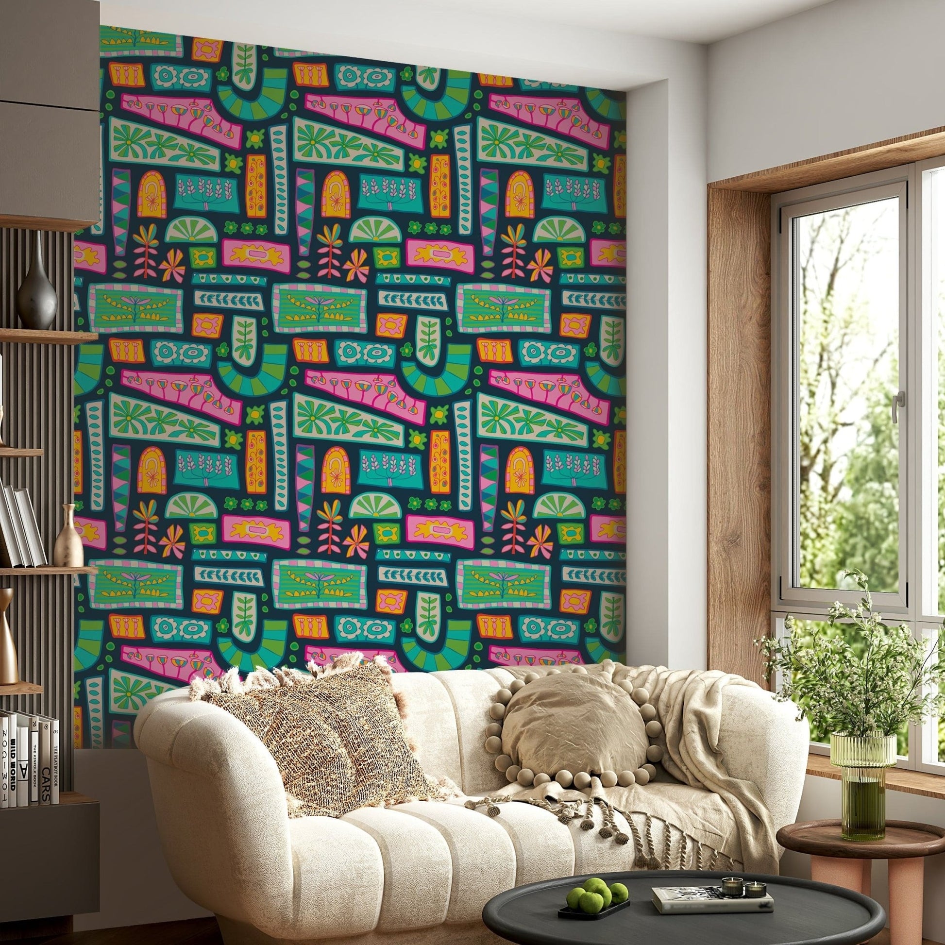 Vivid Flower Patches Bohemian Mod Patchwork quirky wall mural, floral elements.