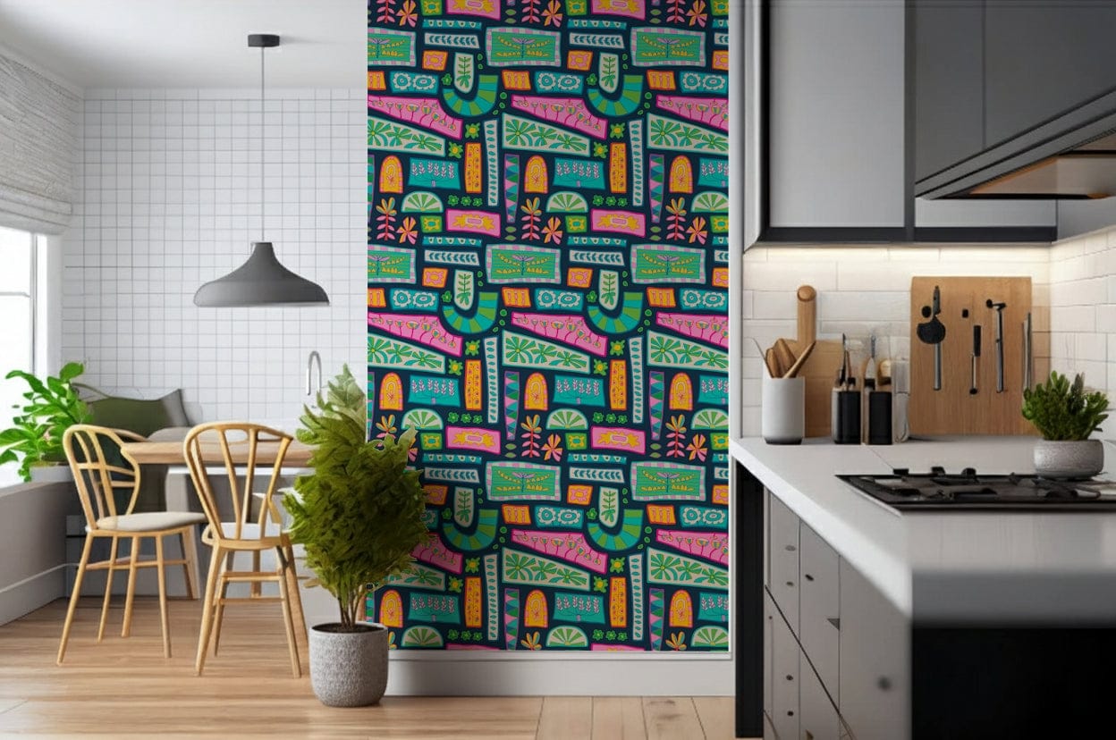 Flower Patches wall mural dreamy, bright hippie style, intricate patterns.