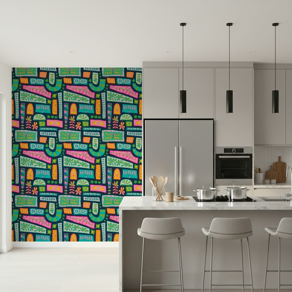 Peel and stick Flower Patches Bohemian wall mural, colorful geometric shapes.