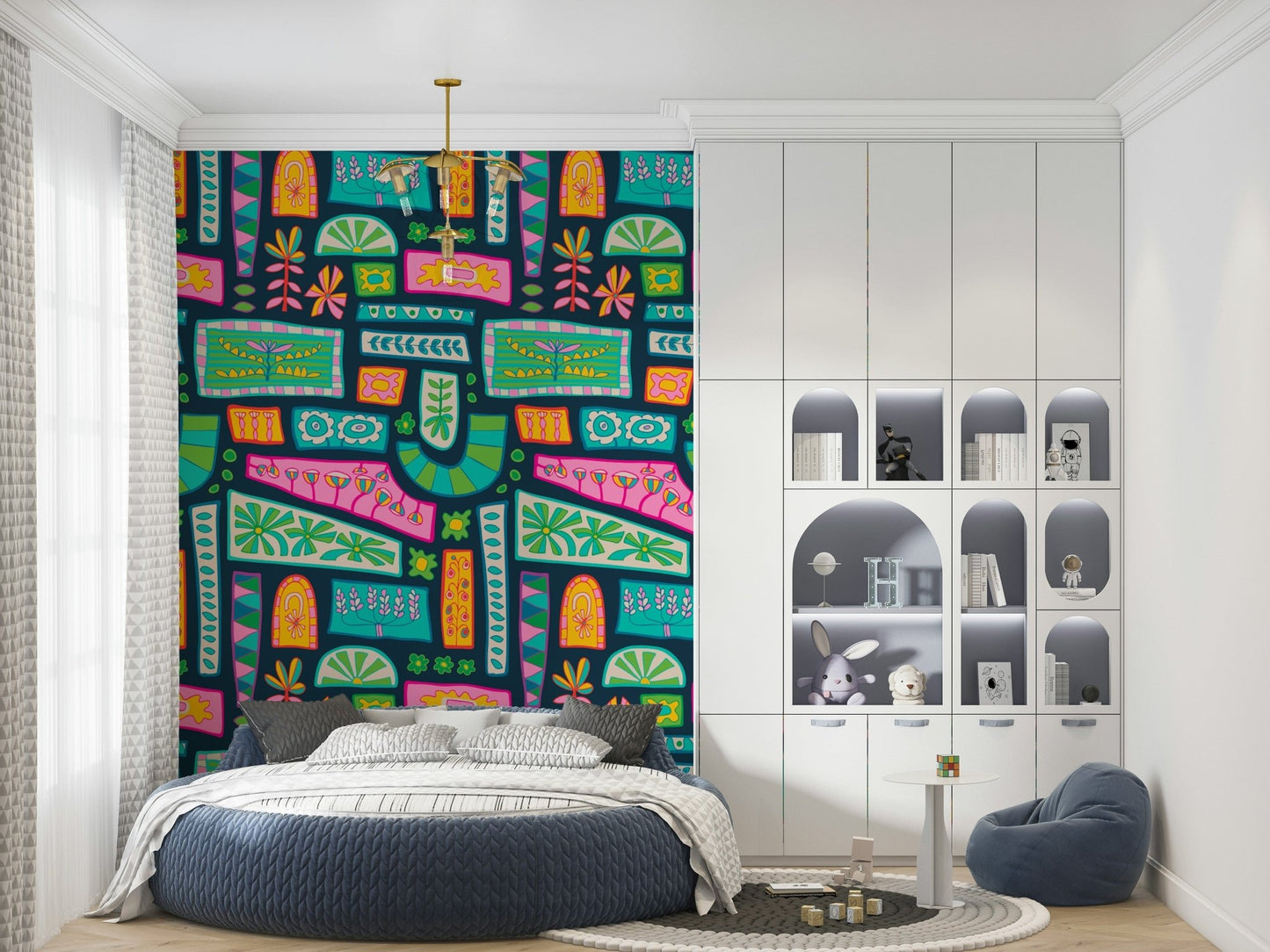 Rainbow Brights Mod Patchwork expressive wallpaper mural, pink and aqua blocks.