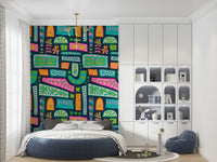 Rainbow Brights Mod Patchwork expressive wallpaper mural, pink and aqua blocks.