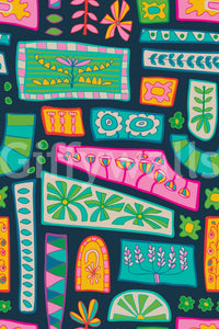 Bohemian Mod Patchwork electric colors wall paper for walls, funky shapes.