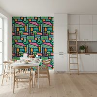 Flower Patches bright whimsical wallpaper for walls, unique mosaic artwork.