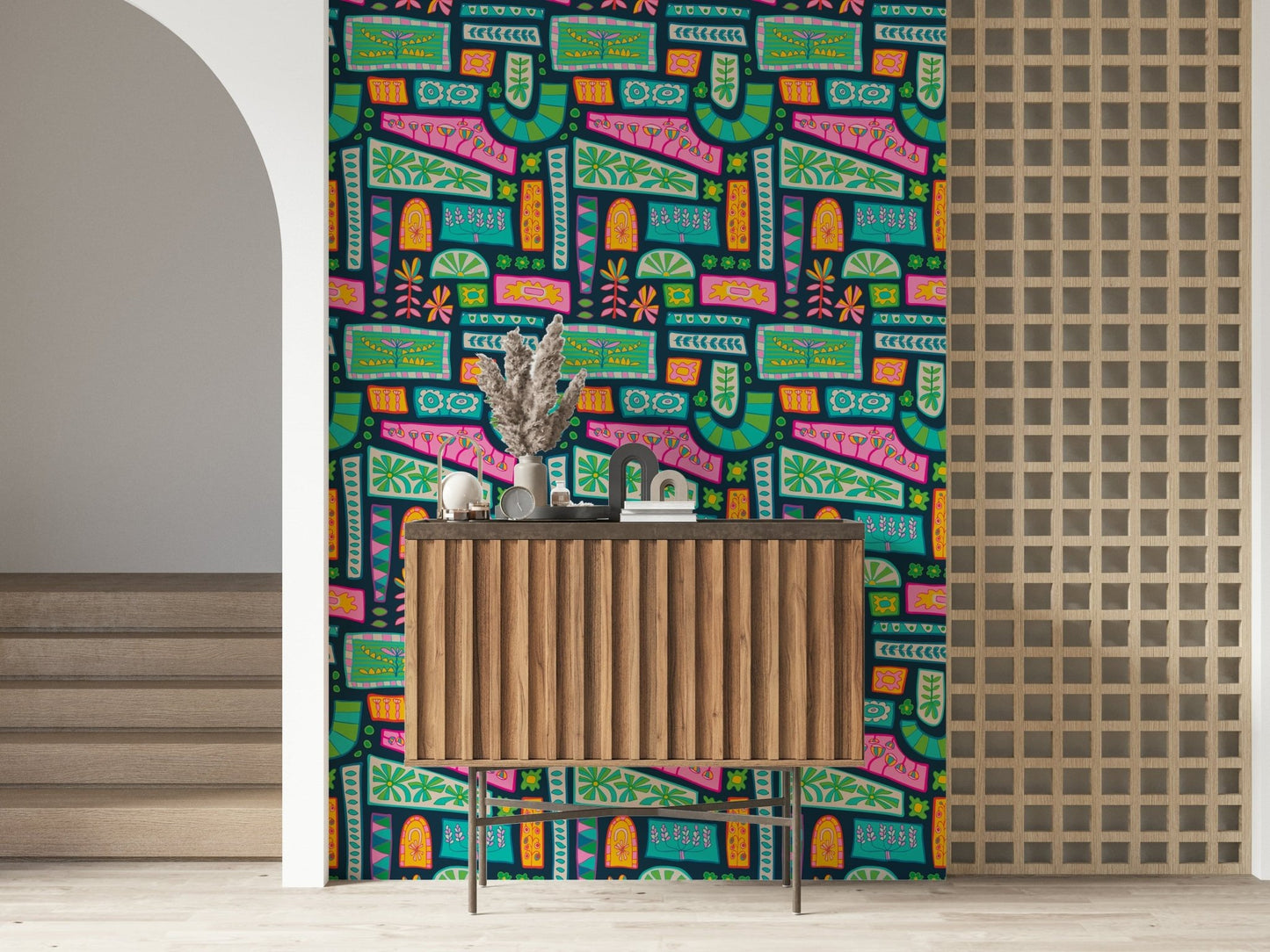 Rainbow Brights Flower Patches Bohemian eclectic pattern wallpaper, bright florals.