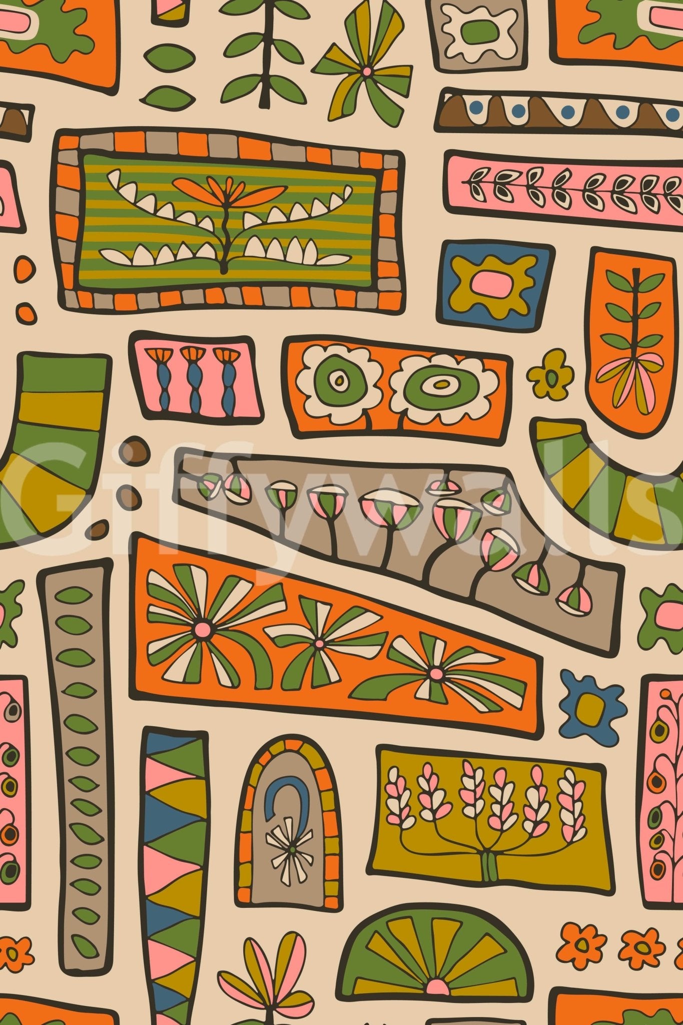 Flower Patches peel and stick art, lush folk patterns wallpaper.