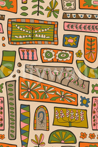 Flower Patches peel and stick art, lush folk patterns wallpaper.